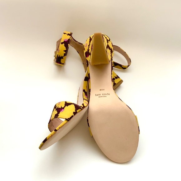 Kate Spade Susane Rich Fudge Sandals Floral Yellow Ankle Strap Block Heel Pumps - Picture 5 of 11